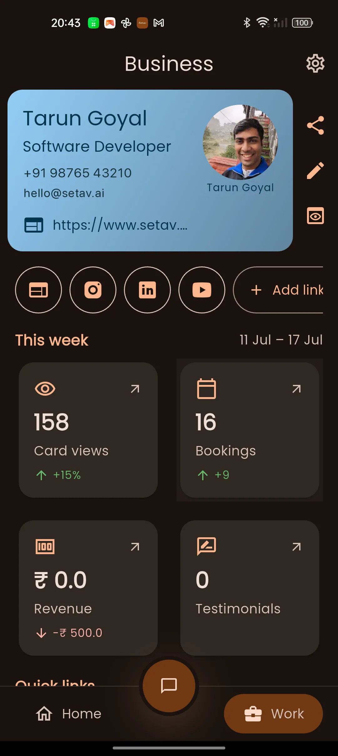 A Setav professional storefront home screen on a phone
