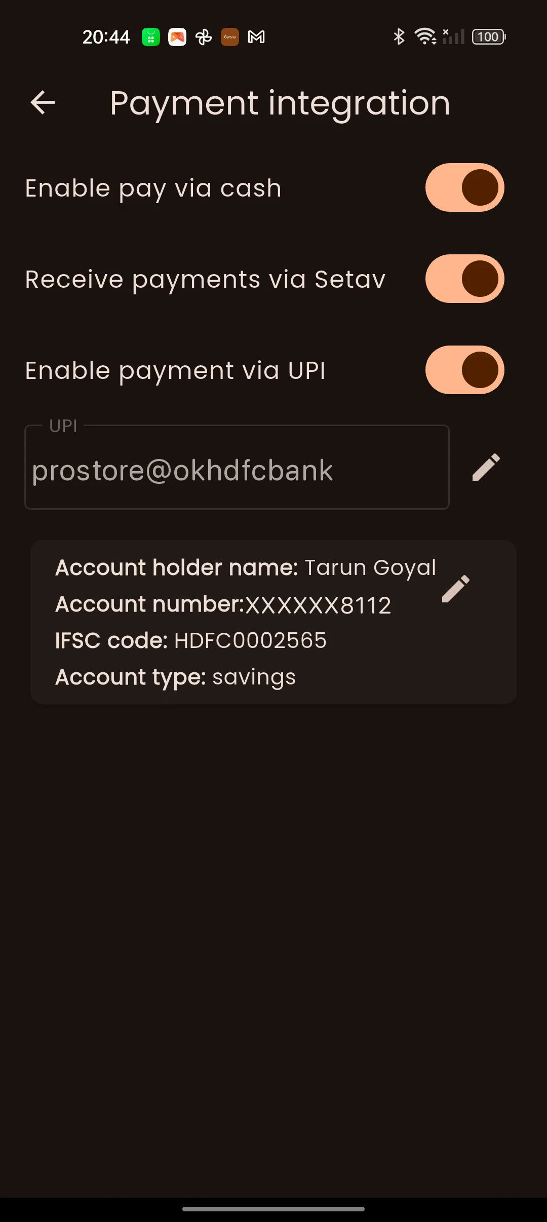Enable payment options in the Setav app