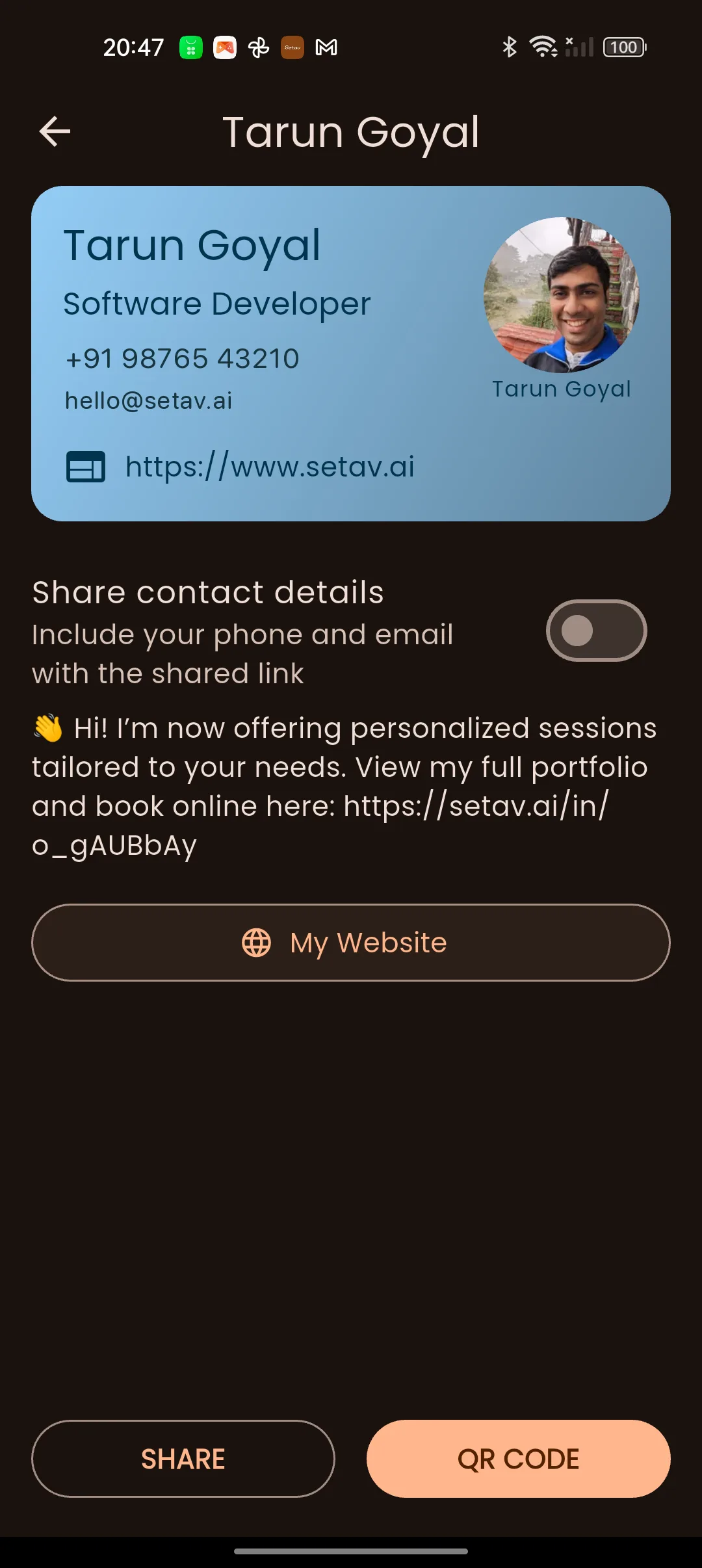 The Setav share screen with a ready-made message, the storefront link, a My Website button and Share and QR Code actions