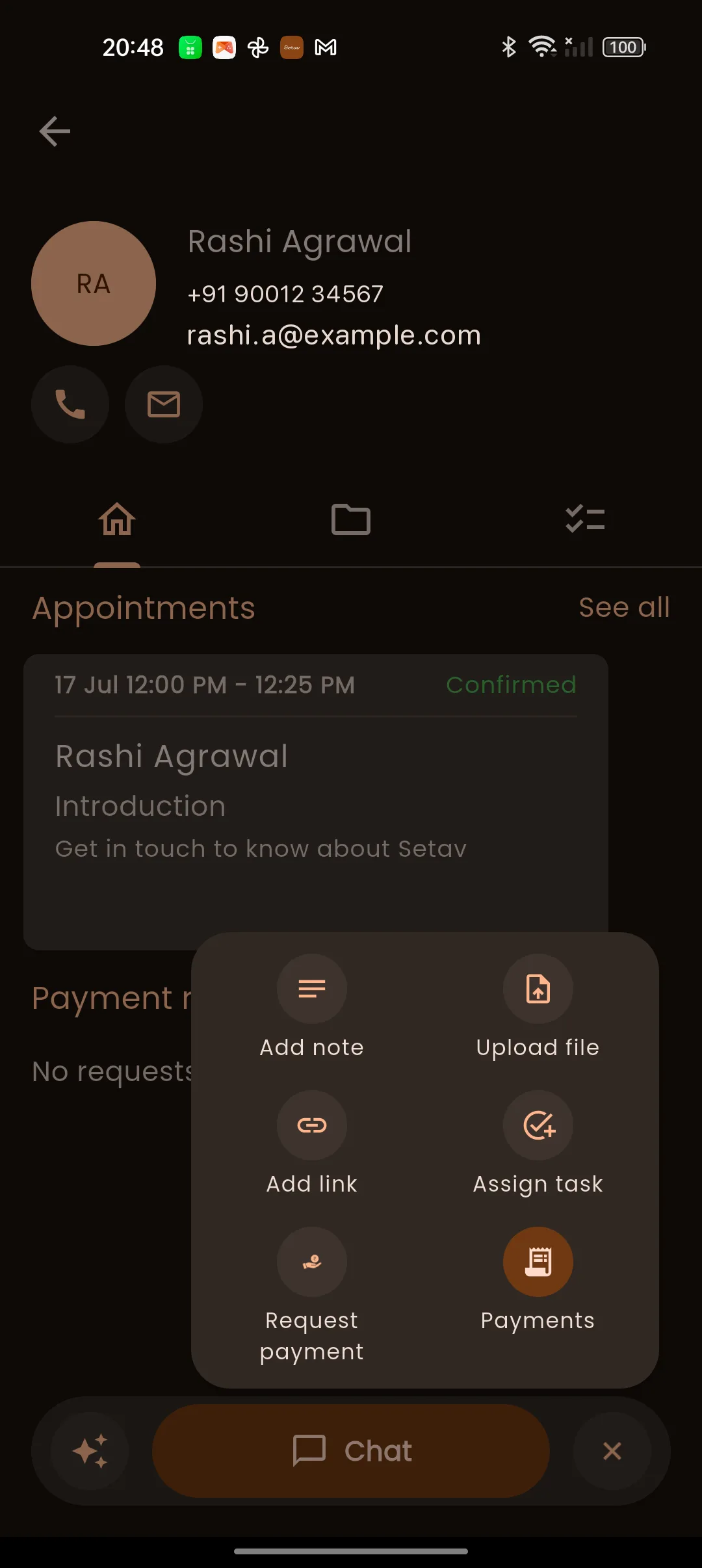 A client's shared space with quick actions in the Setav app