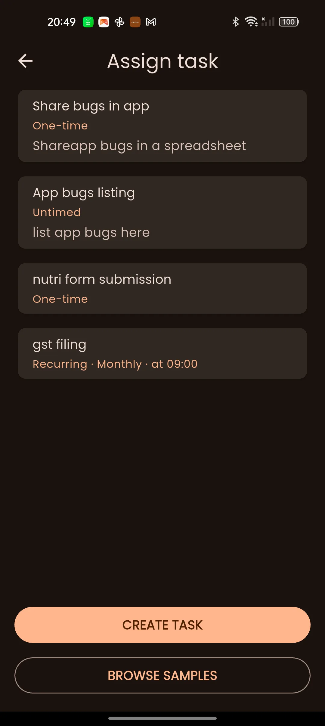 The Assign task screen listing one-time, untimed and monthly recurring client tasks above Create task and Browse samples