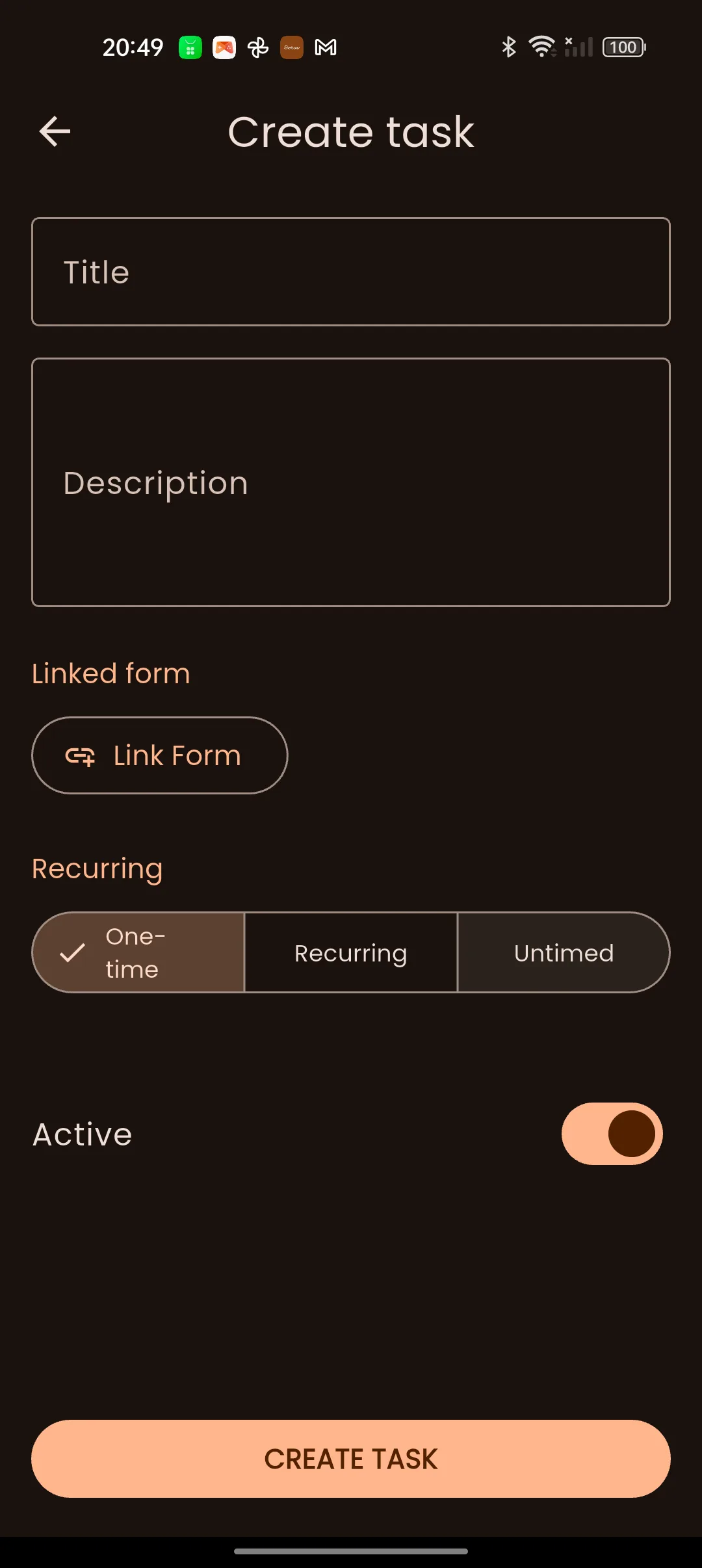 The Create task screen with title, description, a Link Form button and a one-time, recurring or untimed choice