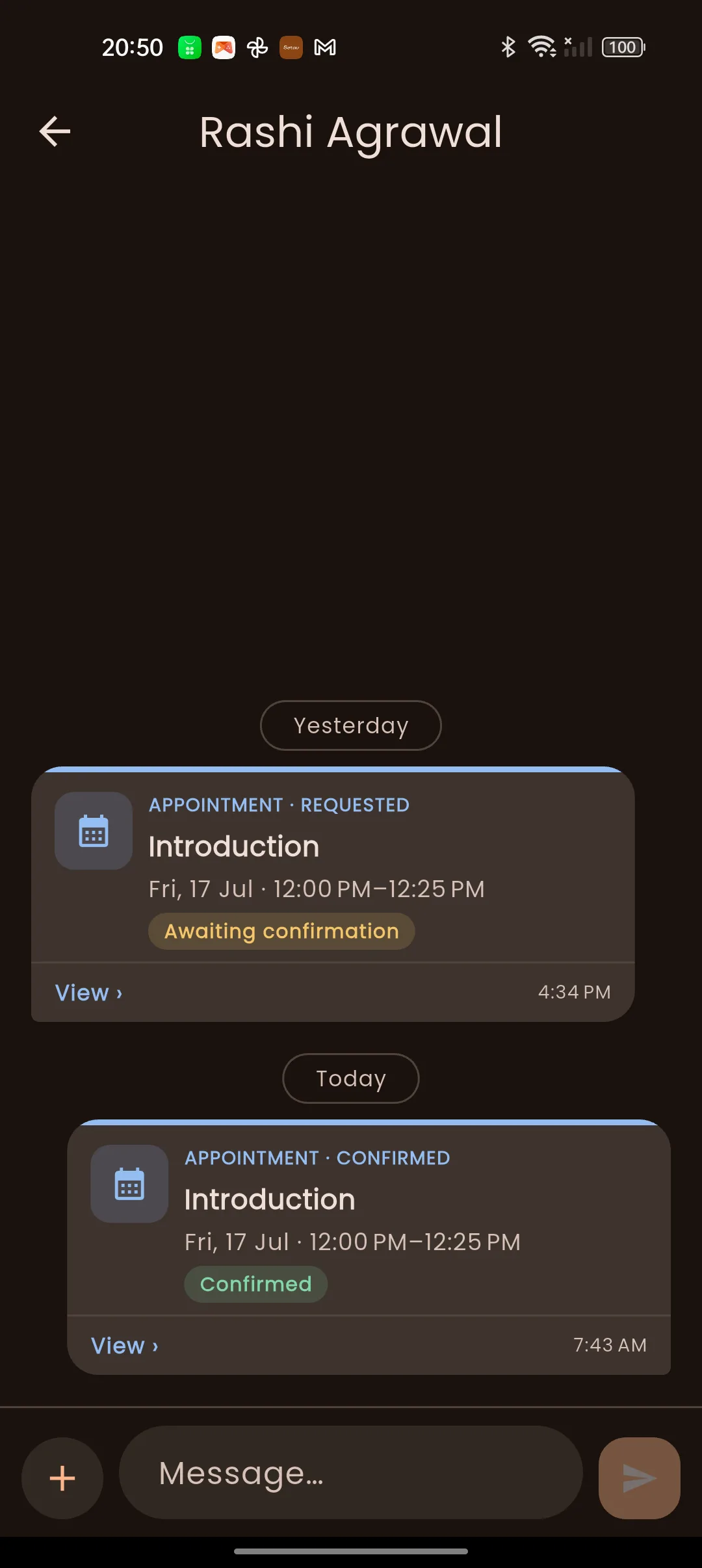 The shared space chat thread, where an appointment moves from awaiting confirmation yesterday to confirmed today