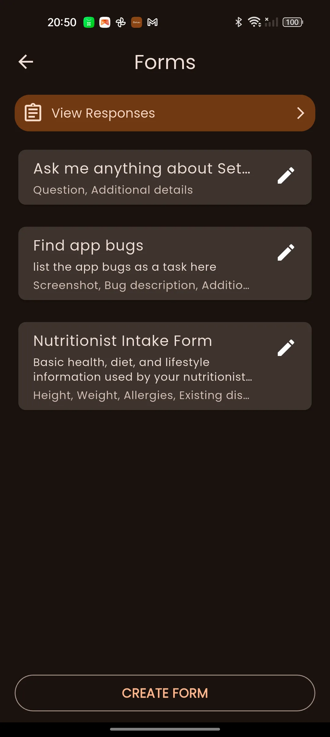 The Forms list with a View Responses button above three saved forms and their field names
