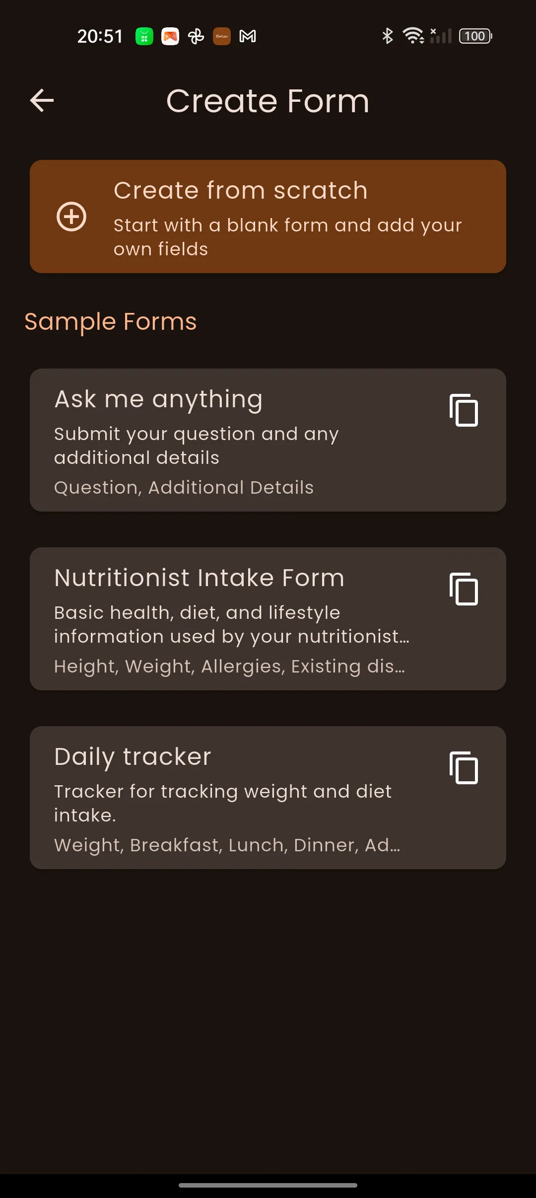 The Create Form screen offering a blank form plus sample forms for questions, nutritionist intake and a daily tracker