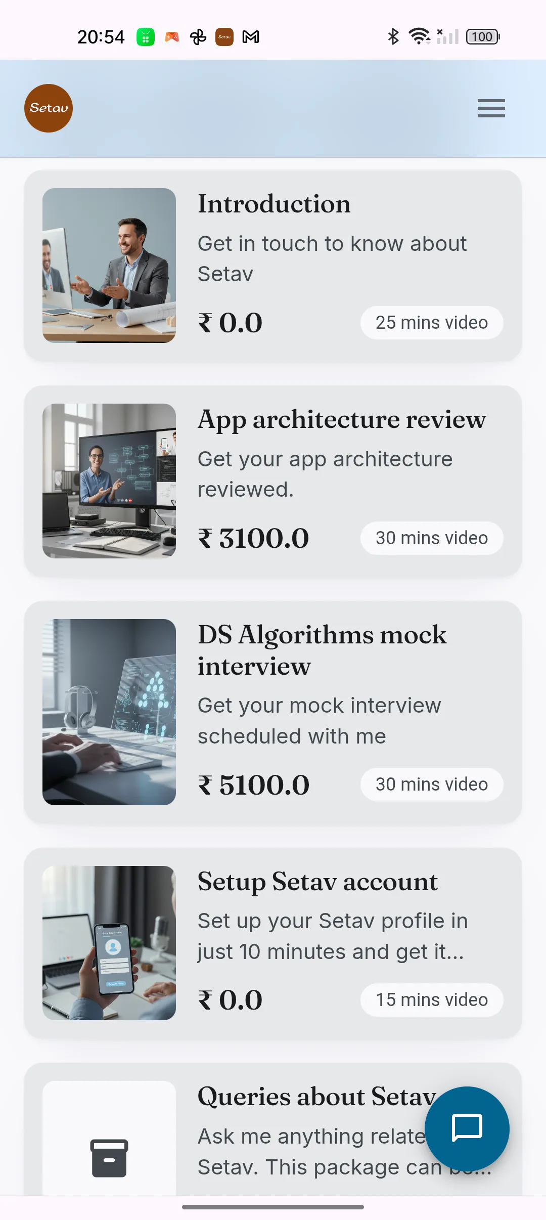 The same services shown on the public storefront page, each with its price and a 25 or 30 minute video duration