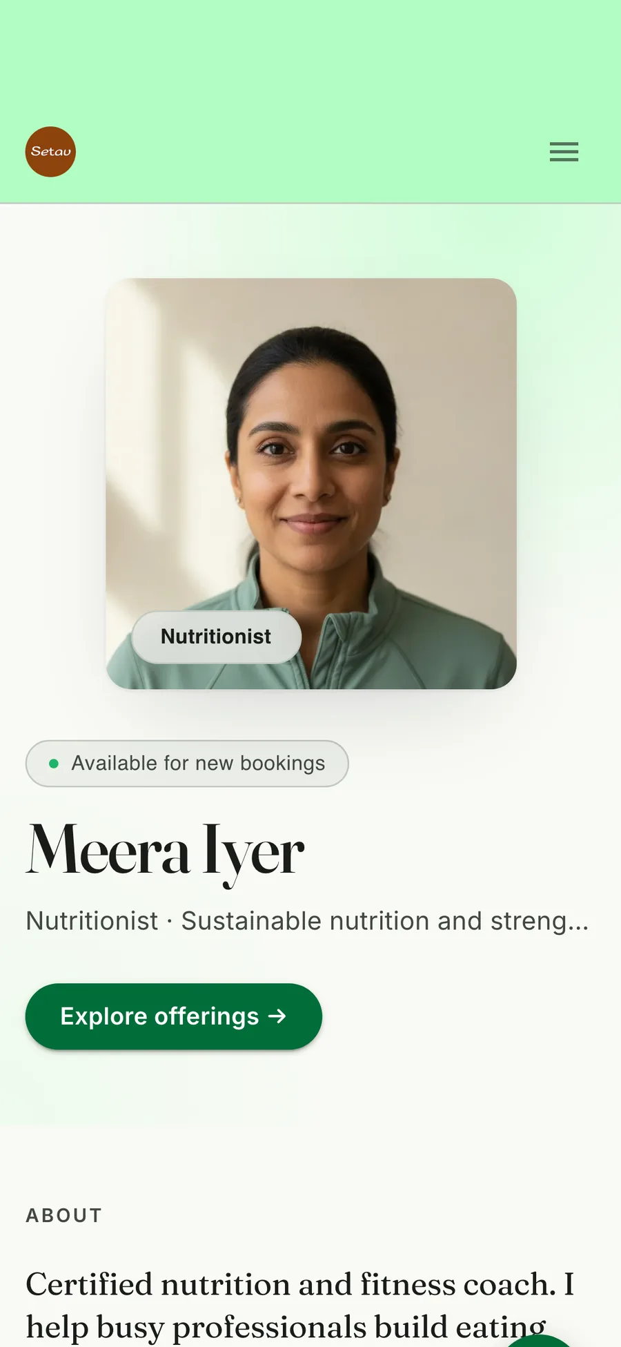 Nutritionist Meera Iyer's Setav storefront: her portrait, an Available for new bookings badge and an Explore offerings button