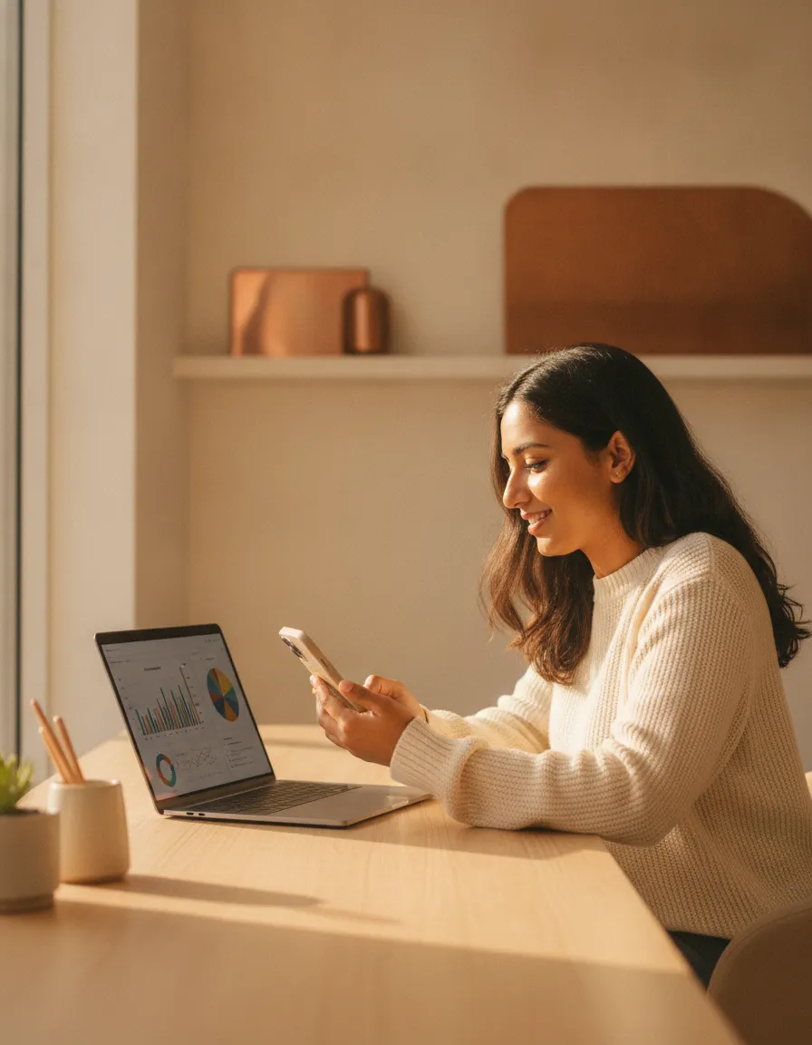 An Indian creator reviewing her Setav growth analytics on a laptop and phone