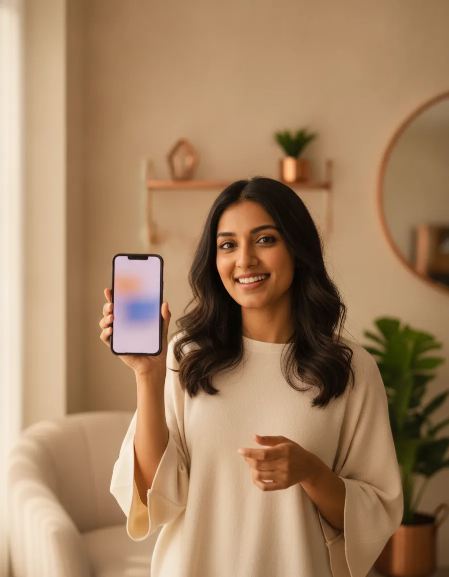 An Indian content creator using the Setav app on her phone to share her link in bio