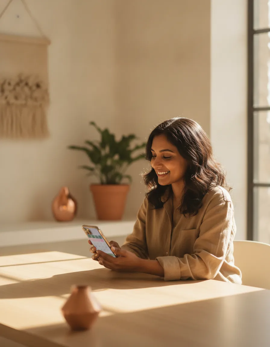 An Indian professional checking her Setav booking calendar on her phone
