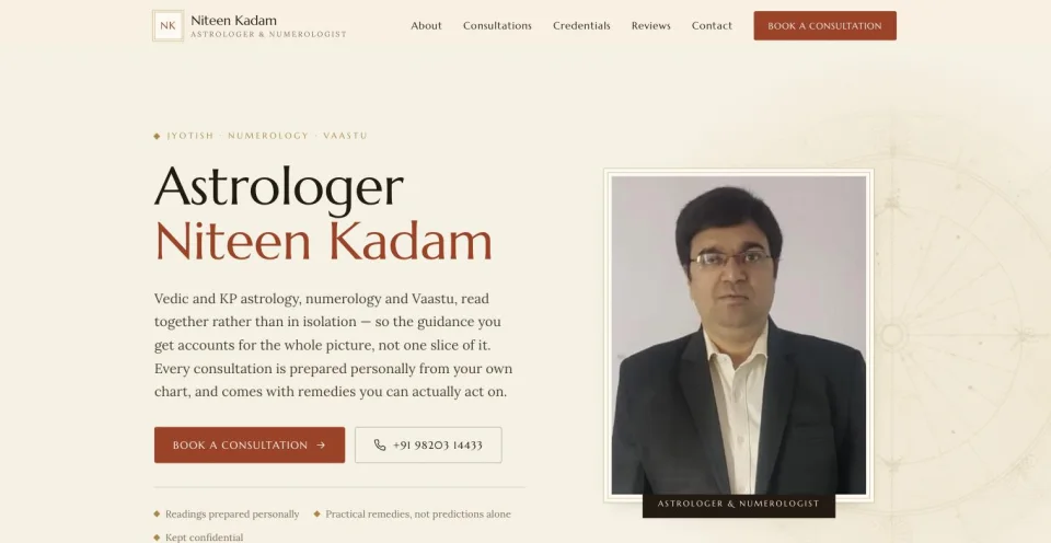Astrologer Niteen Kadam's Vedic and KP astrology consultation storefront on Setav, showing his booking hero section.