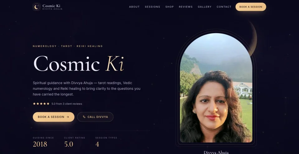 Divvya Ahuja's Cosmic Ki tarot, numerology and Reiki healing storefront on Setav, featuring her booking and shop menu.