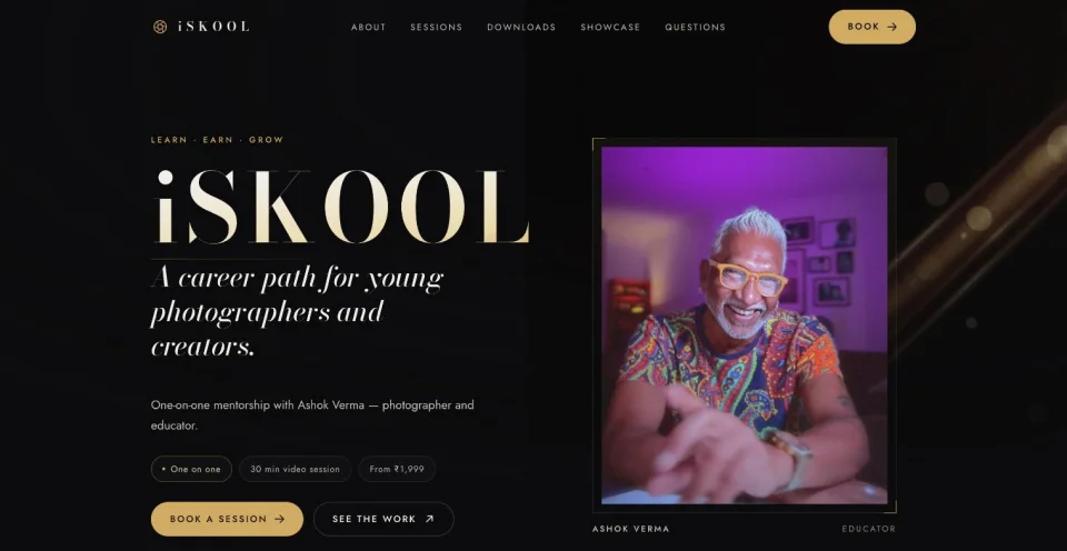 Ashok Verma's iSKOOL photography mentorship storefront on Setav, showing his one-on-one session booking hero section.