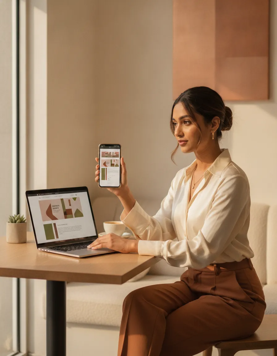 An Indian entrepreneur reviewing her Setav storefront website on a laptop and phone