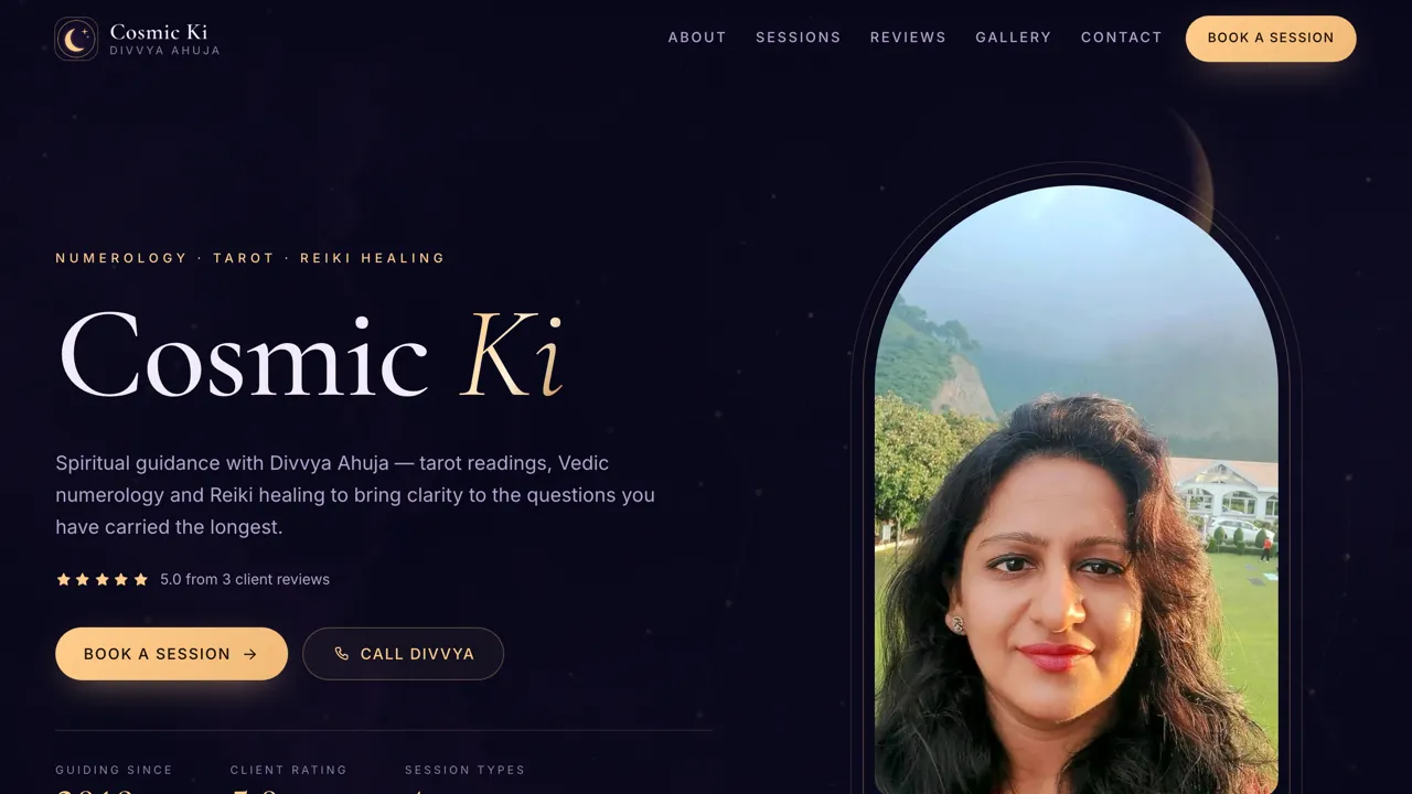Divvya Ahuja's Cosmic Ki storefront for tarot readings, Vedic numerology and Reiki healing sessions