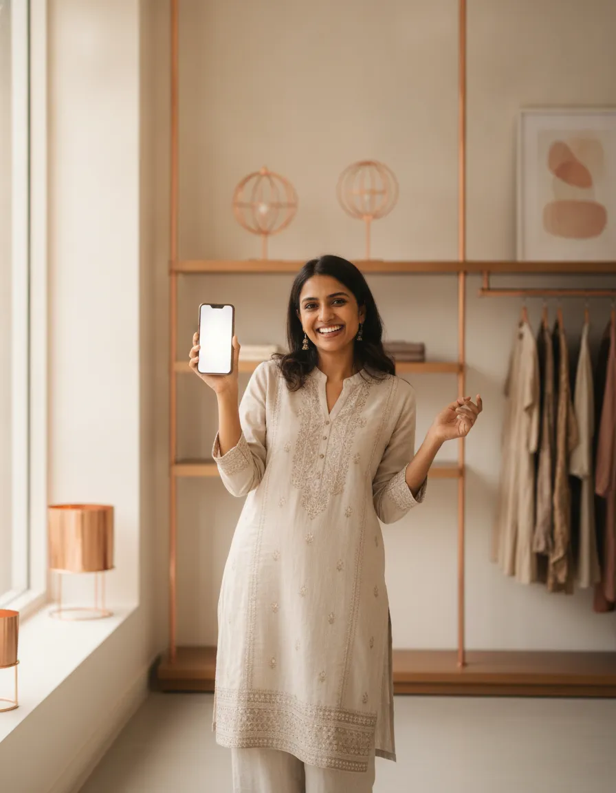 An Indian business owner receiving a payment through Setav on her phone