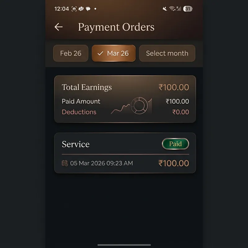 Setav payment orders screen showing total earnings and a paid consultation with zero deductions