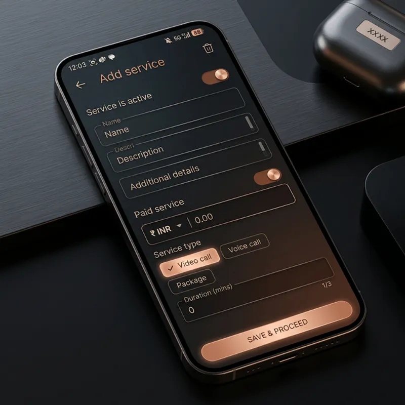 The Setav Add Service screen for setting a session price, type and duration on a phone