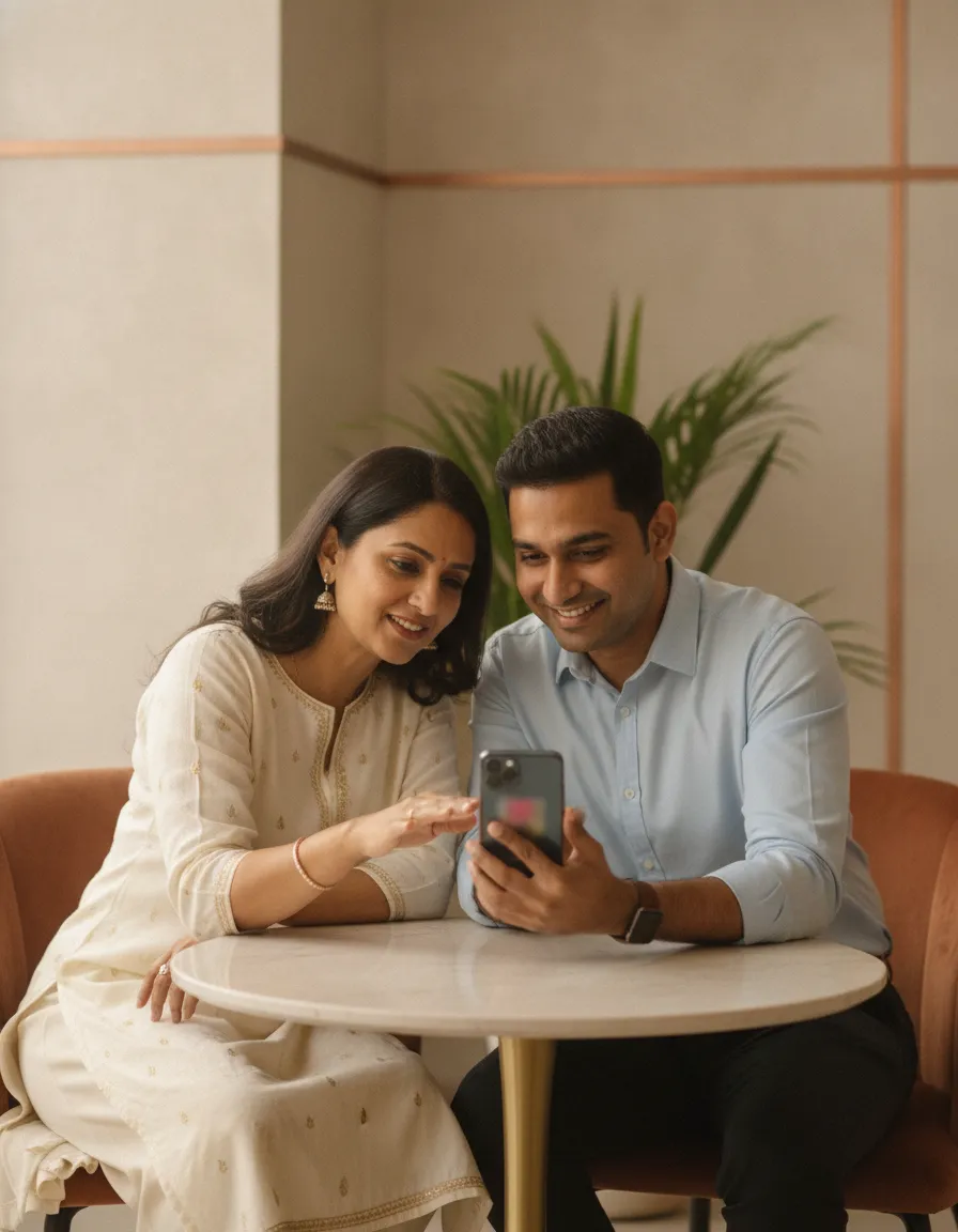 An Indian coach and client collaborating in a Setav shared space on a phone