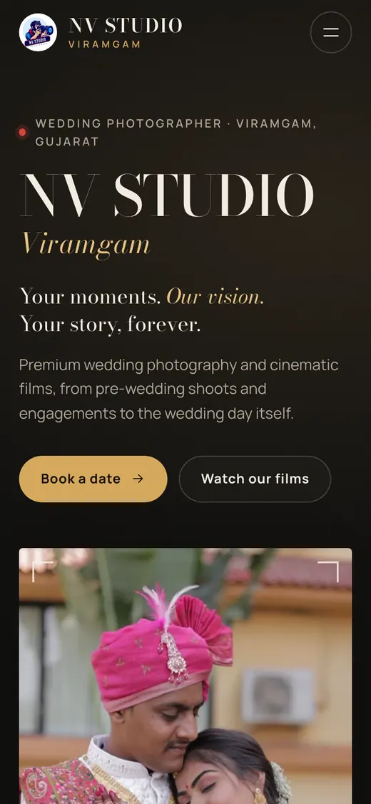 NV Studio Viramgam's live Setav website for wedding photography, taking online bookings and payments