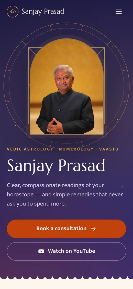 Sanjay Prasad's live Setav website for Vedic astrology and Vaastu, taking online bookings and payments