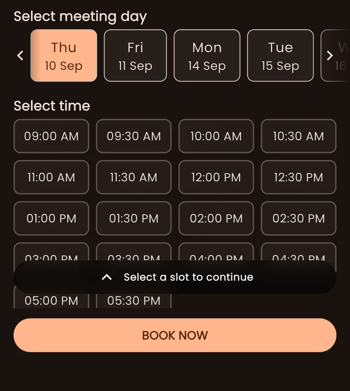 Fit n Glow's booking page in the Setav app, where a client picks a day and an open time slot, then taps Book Now