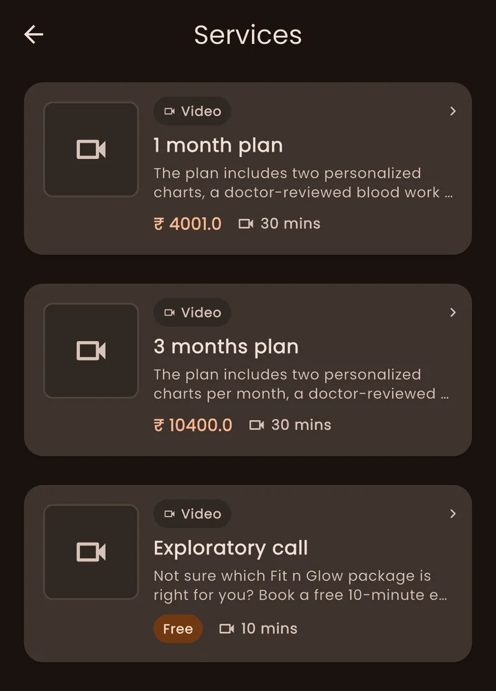 Fit n Glow's services in the Setav app: a 1-month plan, a 3-month plan and a short exploratory call, each showing its price