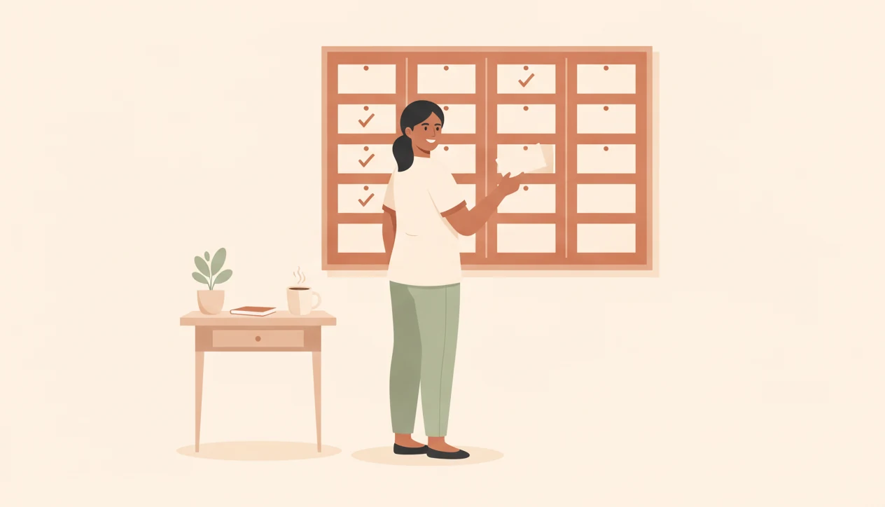 A nutritionist pinning the last card onto a four-column wall planner, with ticks on the cards she has already finished