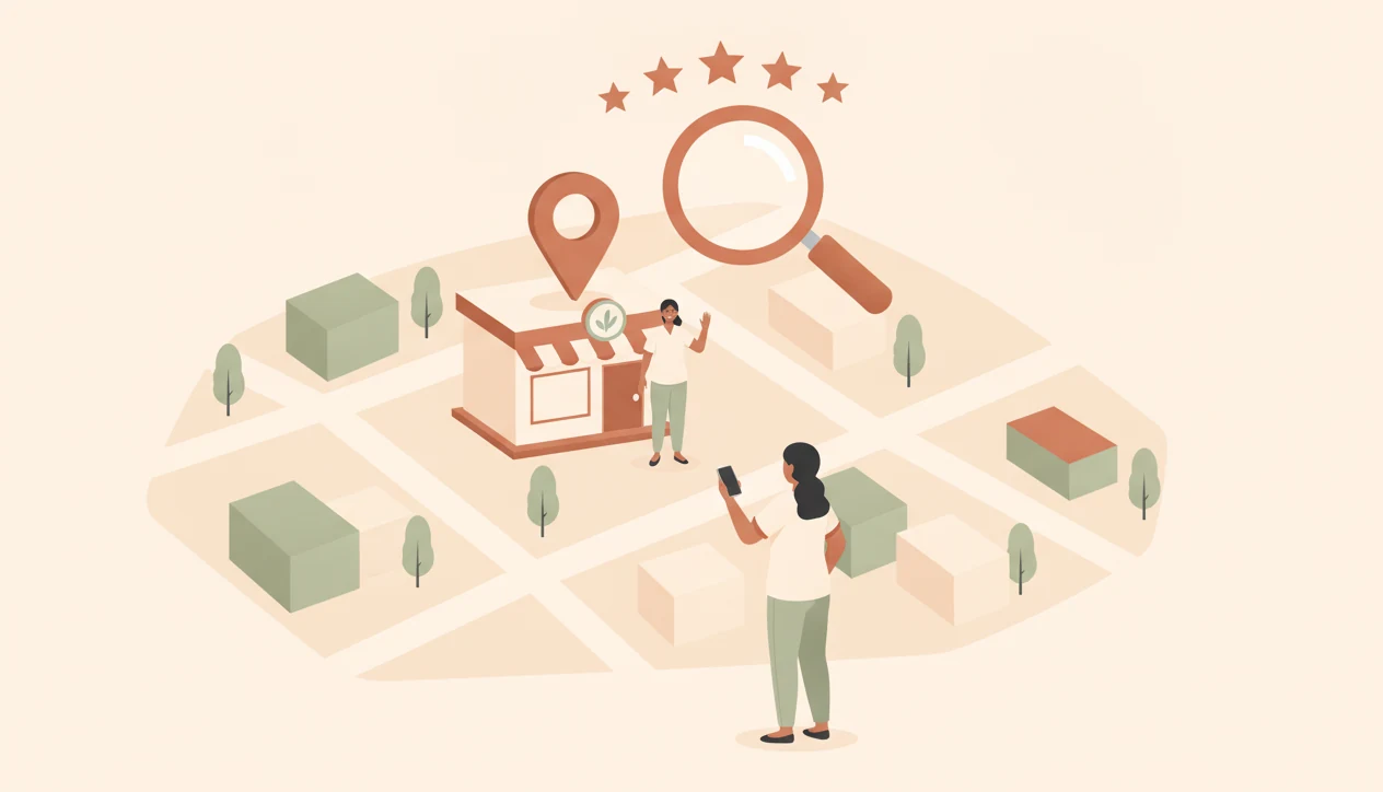 A neighbourhood map with a location pin and review stars over a nutritionist's clinic while a nearby client searches