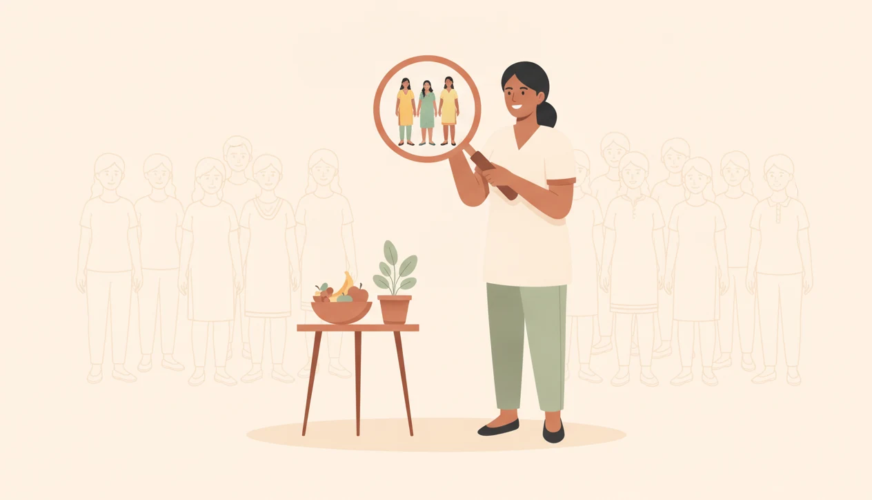 A nutritionist holds up a magnifying glass that brings one small group of women into focus out of a faded crowd