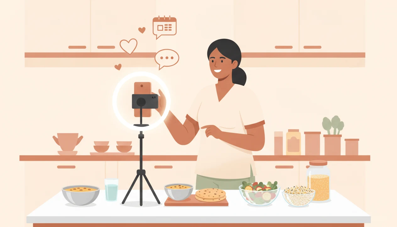 A nutritionist filming a short cooking tip on a phone tripod in her kitchen, with dal, rotis, salad and sprouts nearby