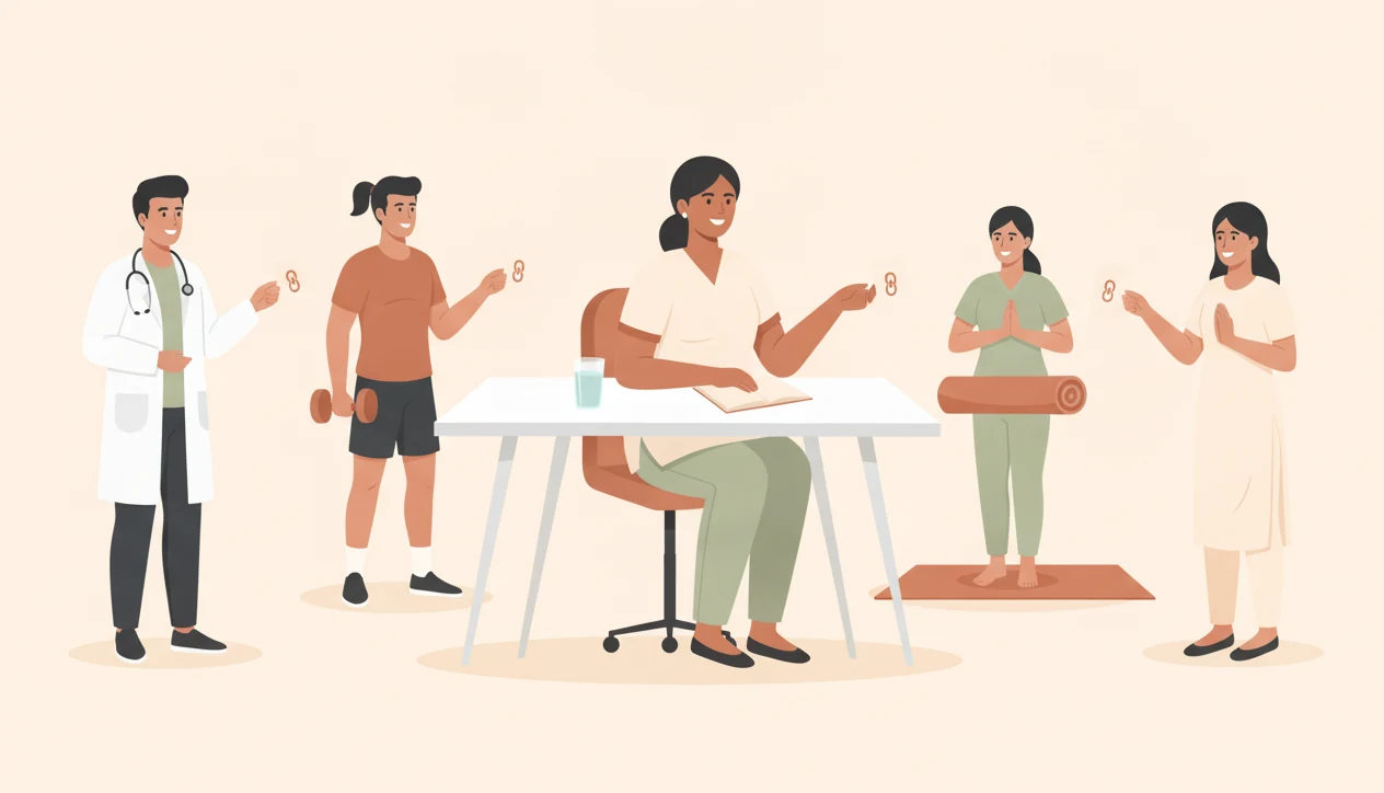 A nutritionist at her desk linked by dotted lines to a doctor, a gym trainer, a yoga teacher and a past client
