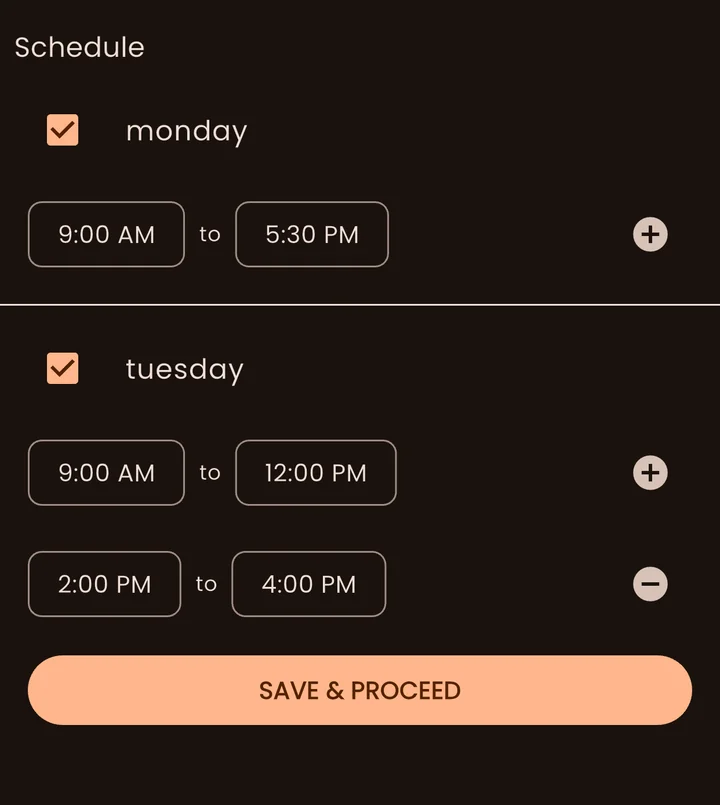 The Setav calendar settings with weekly consultation hours set for Monday and Tuesday, and a Save and Proceed button