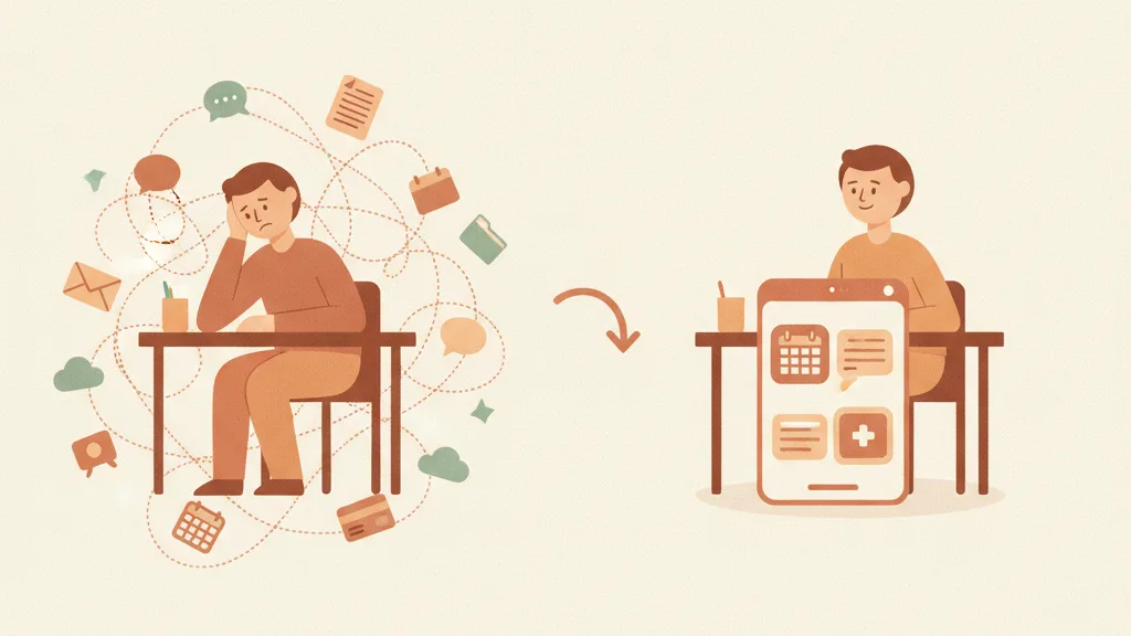 A nutritionist overwhelmed by many disconnected apps for chat, forms, calendar, payments, email and files versus one connected workflow