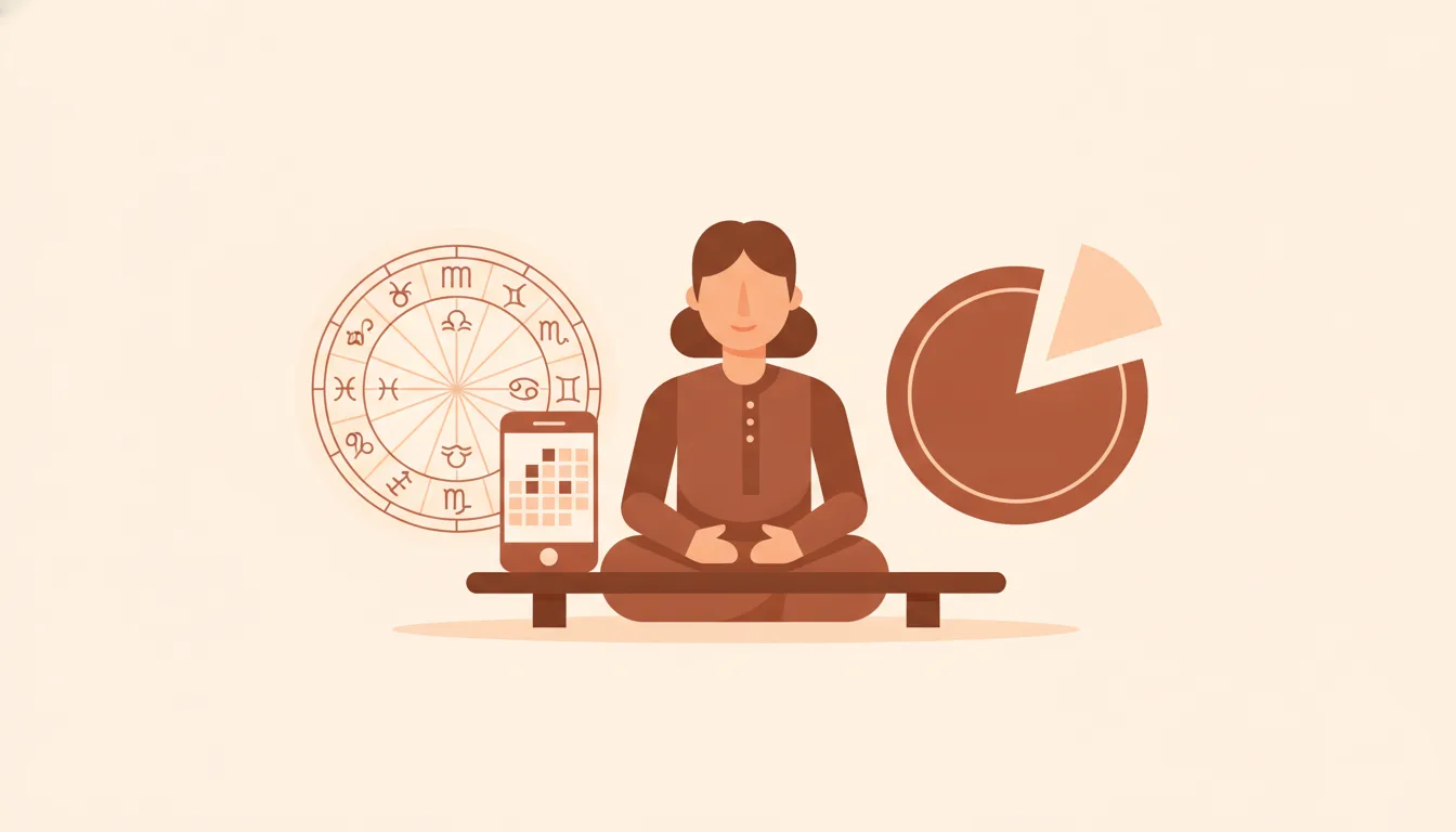 An Indian astrologer with a zodiac chart and a booking calendar on her phone, beside a coin split into two unequal shares