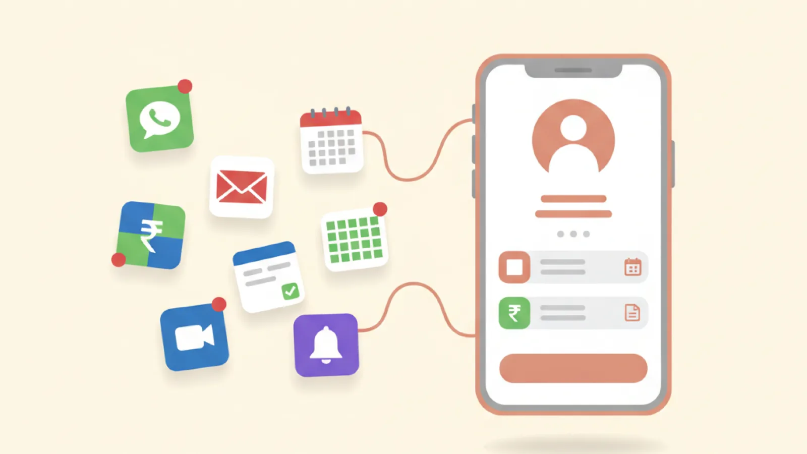 Cluttered chat, calendar, email and payment app icons with unread badges flowing into a phone showing one booking link page