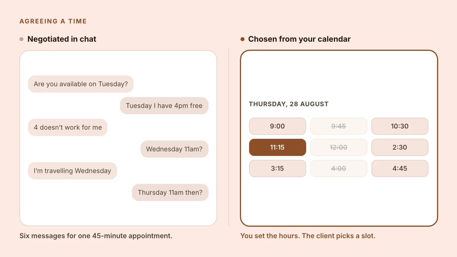 A six-message chat negotiating an appointment time, next to a booking calendar where the client picks an open slot from the hours the professional has set