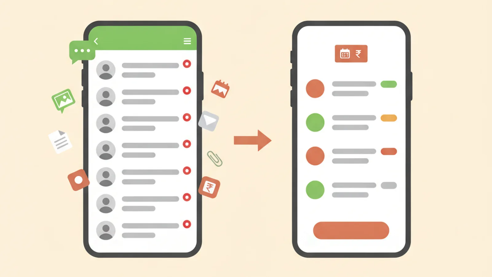 A green chat app inbox with unread dots and loose files beside a phone showing an organised client list with status labels