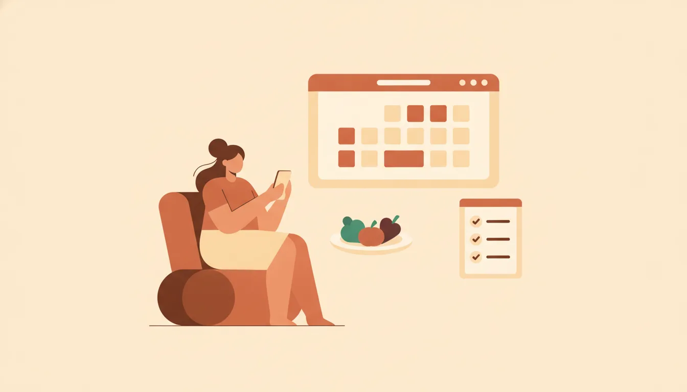 A nutritionist working from her phone beside a calendar of open consultation slots and a client check-in list marked with ticks