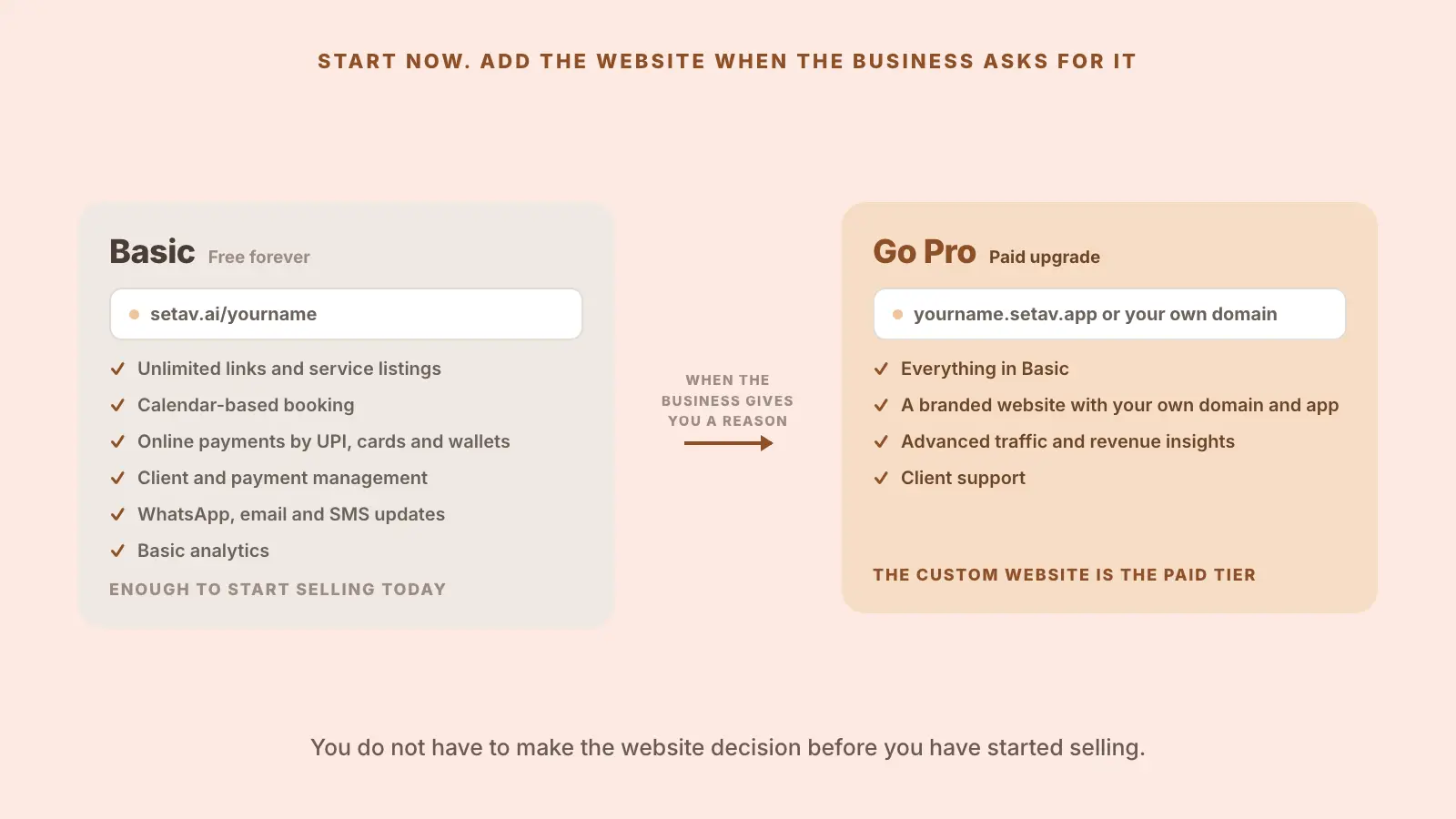 The free Basic plan and its Setav storefront link beside paid Go Pro, where the branded website on your own domain begins