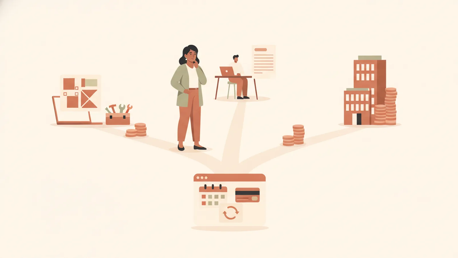 A solo professional weighing a do-it-yourself builder, a freelancer and an agency, with a booking and payment site in front