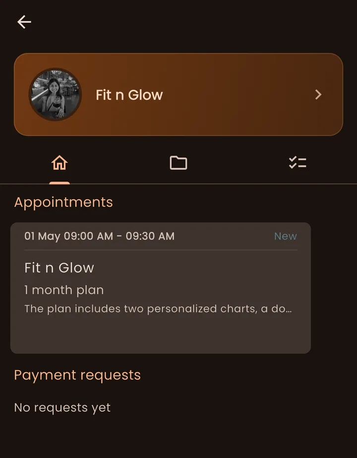 A client's shared space with Fit n Glow, showing an upcoming one-month plan appointment and a payment requests panel