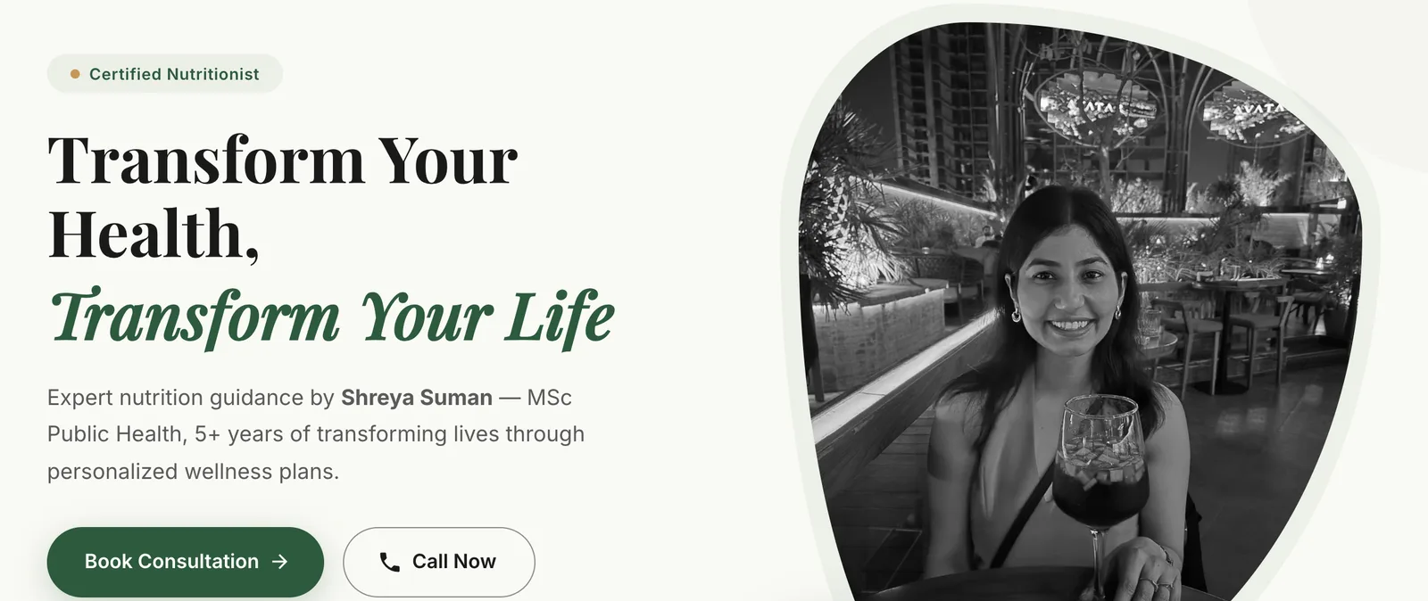 The top of fitnglow.setav.app: Shreya Suman's photo, her headline, and the Book Consultation and Call Now buttons