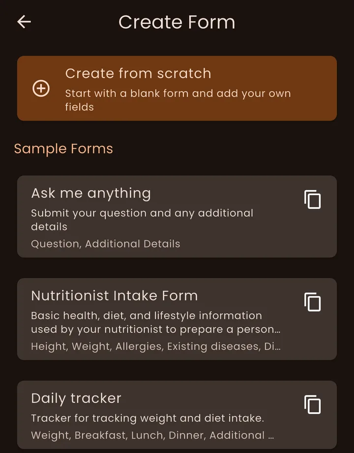 Setav's Create Form screen listing sample templates, including a Nutritionist Intake Form and a daily diet tracker