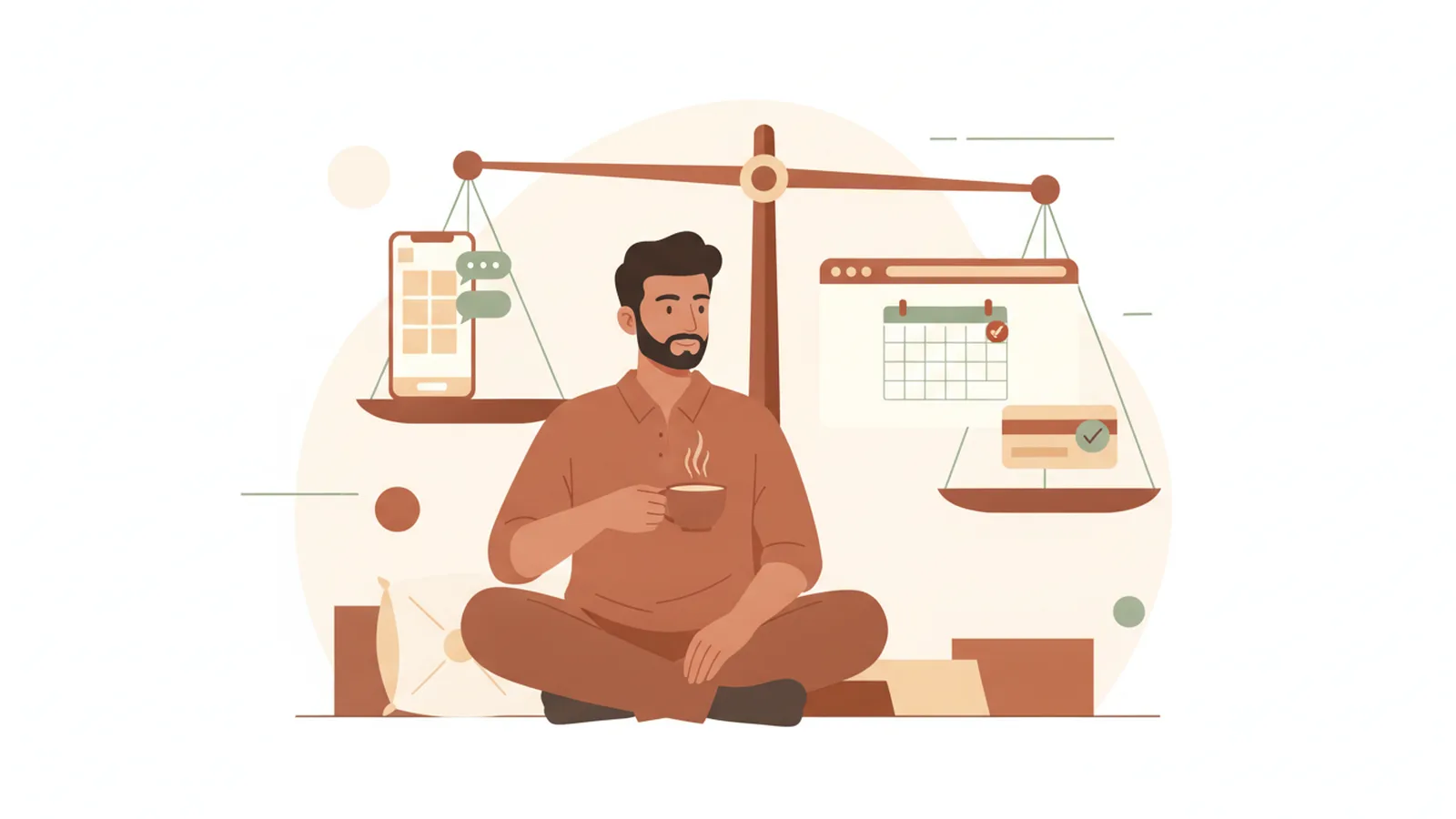 A solo professional with a cup of chai weighing an Instagram-style phone against a website with a booking calendar and payment