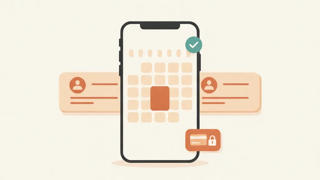 A client booking an appointment on a smartphone, with a highlighted calendar slot, a confirmation check, and a secure payment badge
