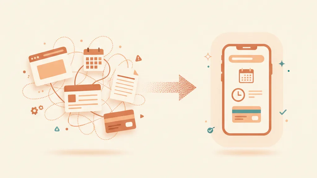 Many disconnected booking tools tangled together on one side versus a single connected booking page on the other