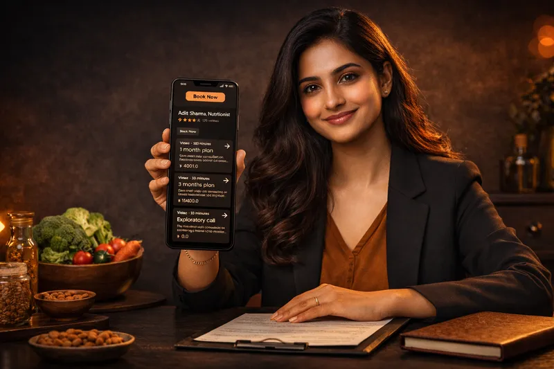 Nutritionist showcasing Setav booking page on phone