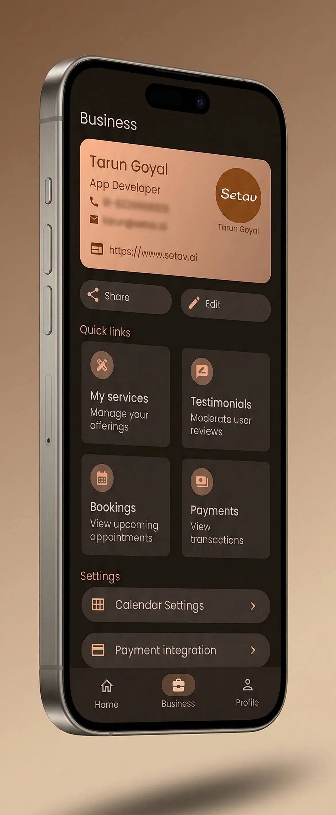 Professional storefront on Setav showing services, booking, and payments