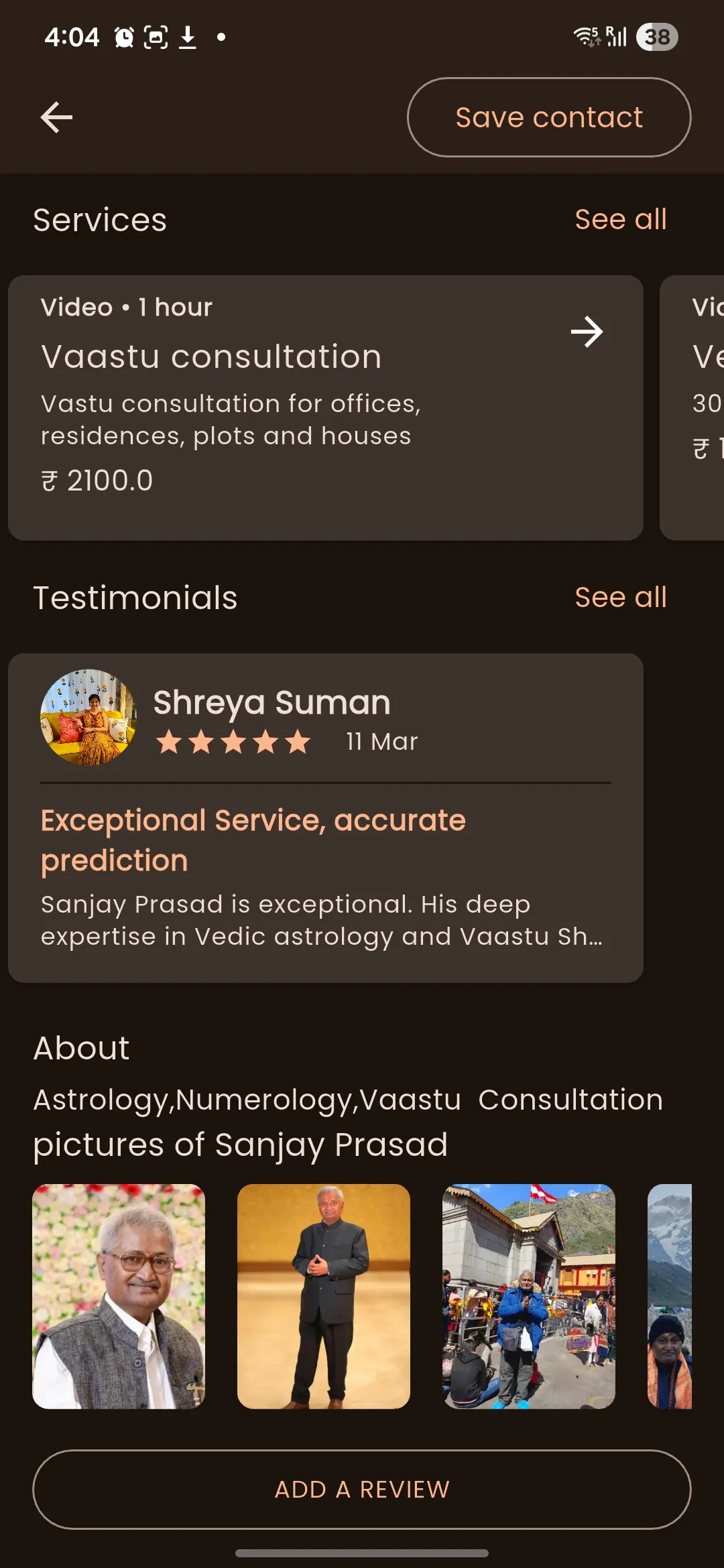 Sanjay Prasad's astrology storefront on Setav showing services, testimonials and gallery